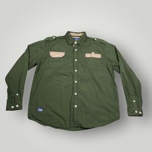 Akdmks Shirt Mens XL Green Military Button Front Back Graphic Streetwear